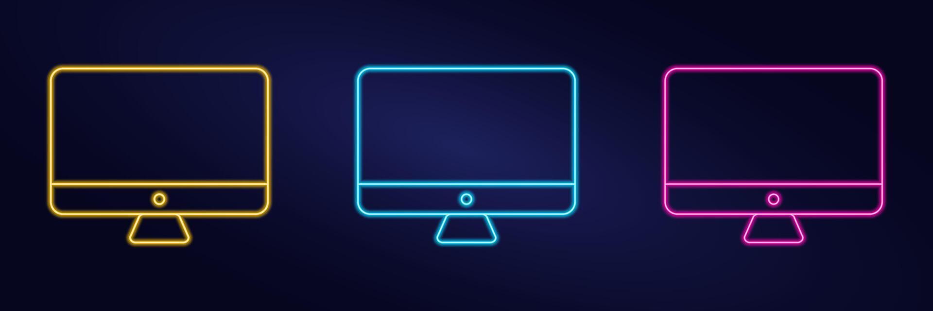 Neon Computer Monitor Icon on dark background - blue, pink and yellow. Luminescent Screen Set. Outline Display. Glow Linear technology. Monoblock. Lightening effect. Color image. illustration vector