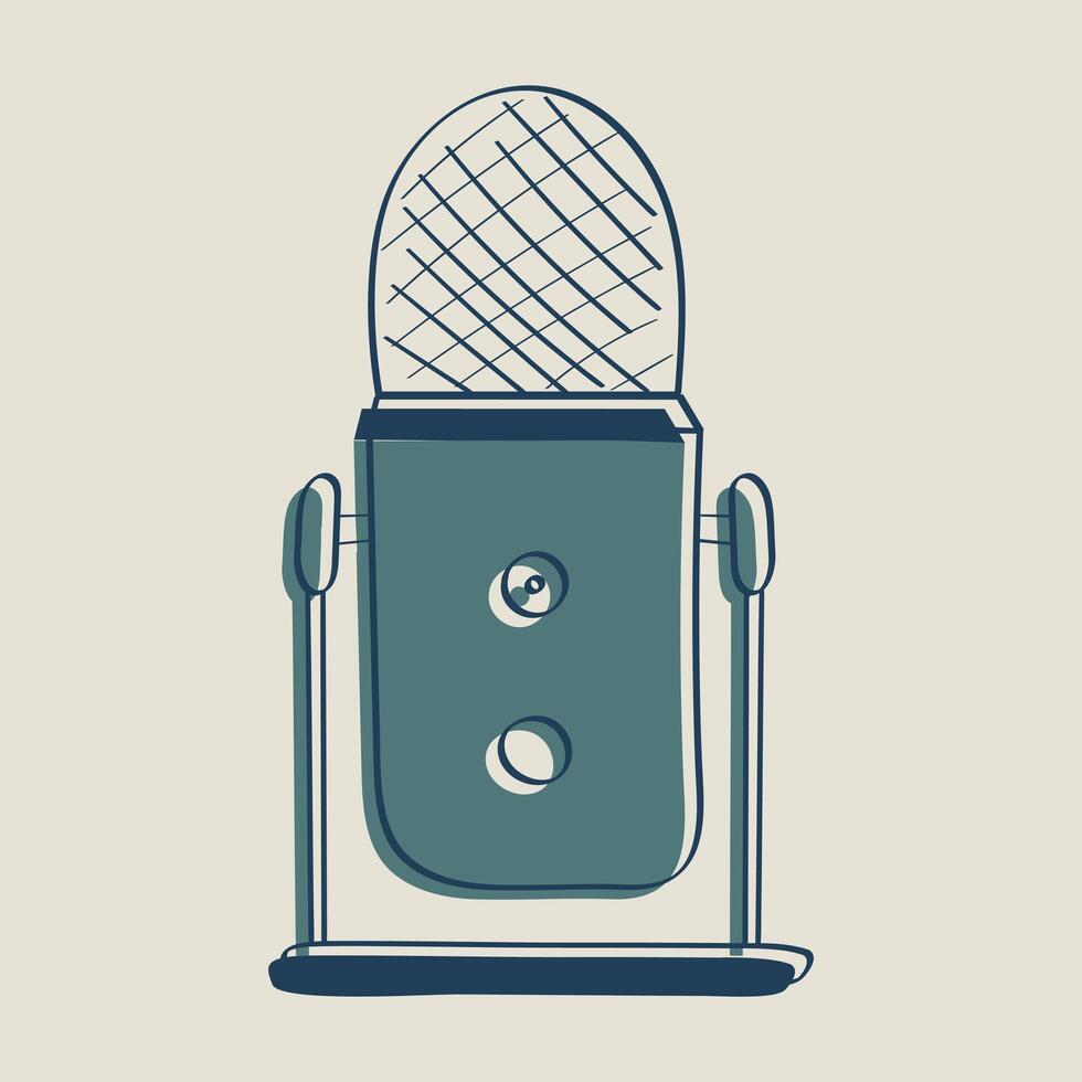 Studio Microphone Desktop for podcasts, streaming. Mick with stand, mount. Equipment for dubbing, voice recording, technology. Doodle style. Drawn isolated. Color outline image. illustration. vector