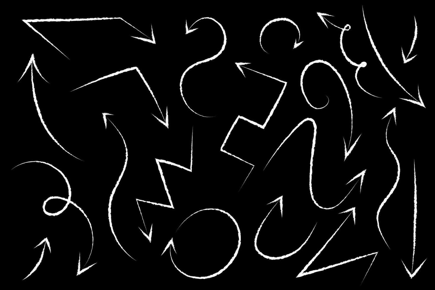 Set of Arrows drawn with Chalk on blackboard. Different types of signs on dark background - Zigzag, Wave, turn. Collection of direction symbols. Outline Sketch. Black-white image. illustration vector