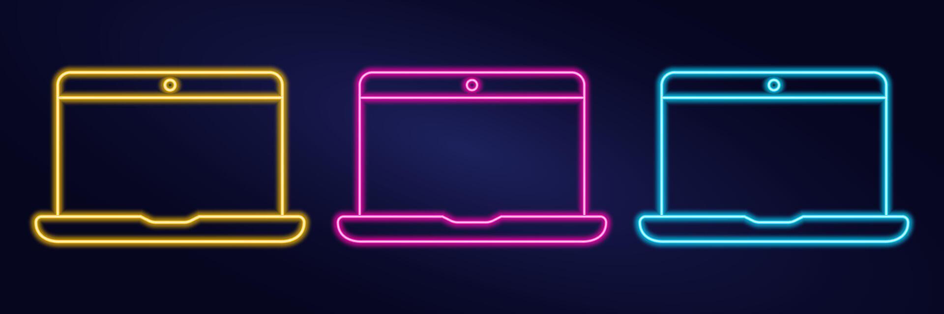 Neon laptop icon on a dark background - pink, blue and yellow. Set Luminescent Computer. Outline Technology with display. Glow Linear Monitor. Lightening effect. Color image. illustration vector