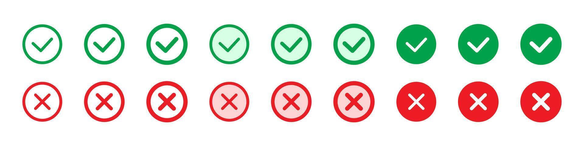 Right or wrong icons. Green tick and red cross checkmarks in circle flat icons. Yes or no symbol, approved or rejected icon for user interface. vector