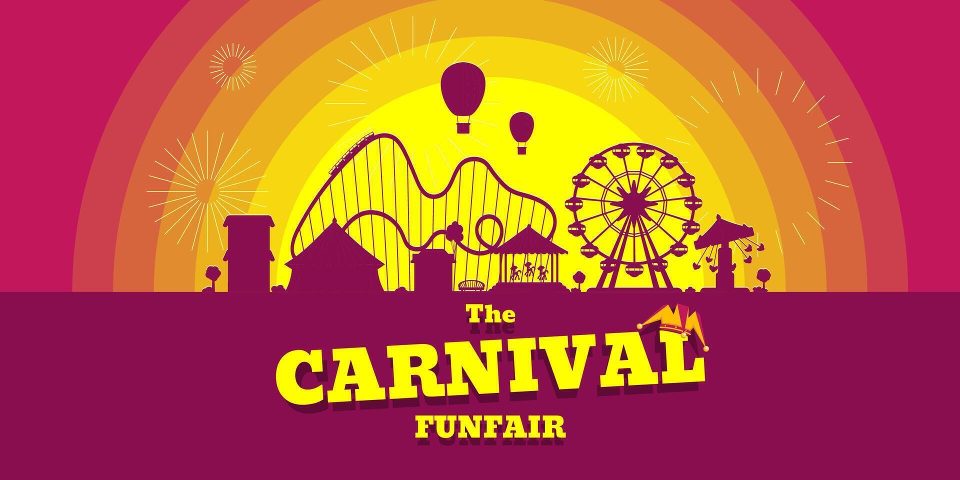 Carnival funfair horizontal banner. Amusement park with circus, carousels, roller coaster, attractions on sunset background. Fun fair landscape with fireworks. Ferris wheel and merry-go-round festival vector