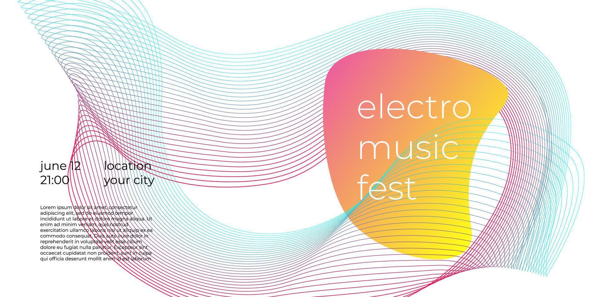 Electronic music festival horizontal banner with colorful abstract linear gradient and liquid outline wave shape. Futuristic electro sound fest flyer design template. Club party digital creative cover vector