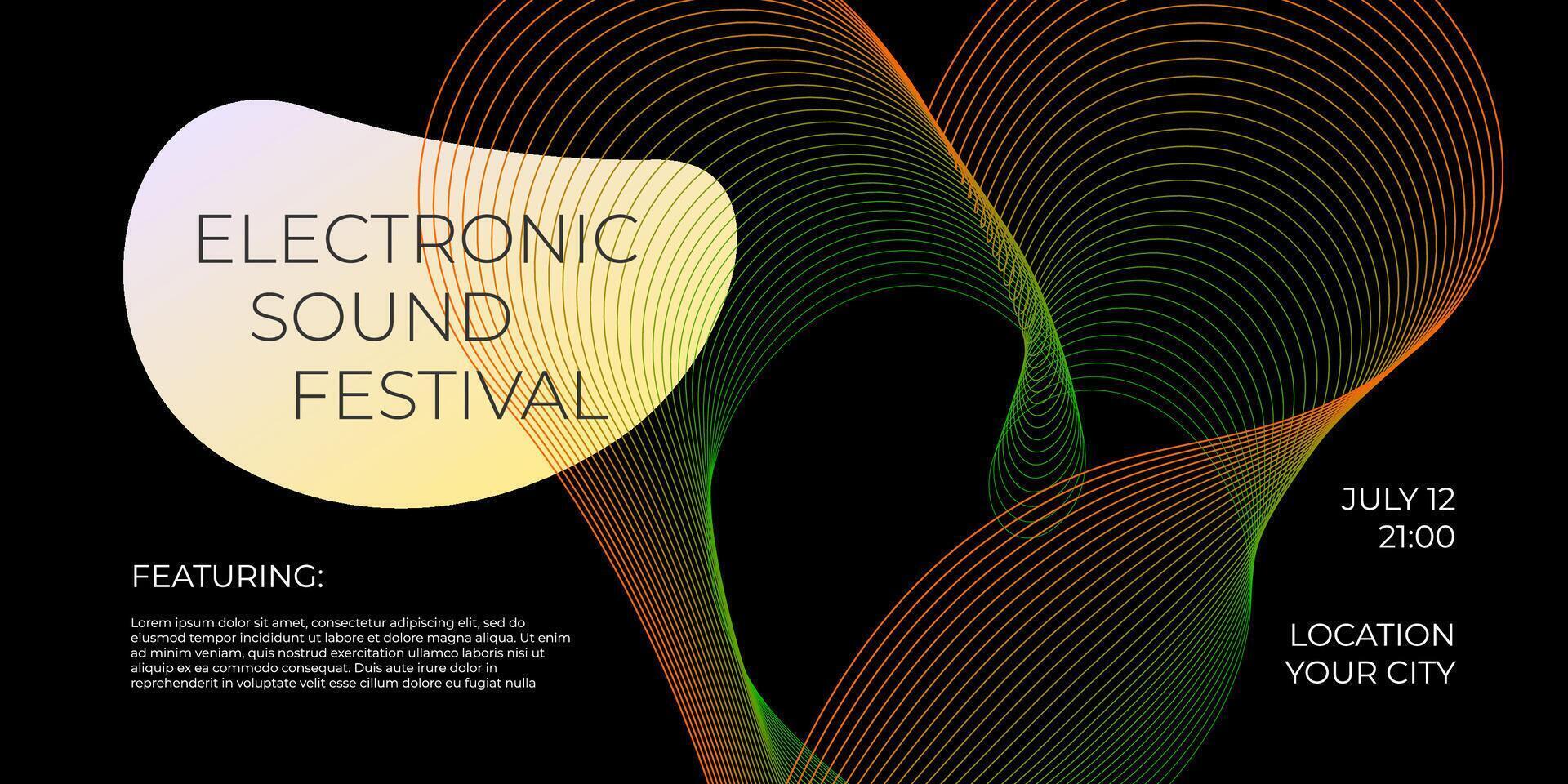 Electronic music festival party horizontal banner with colorful abstract linear gradient. Futuristic electro sound fest club flyer liquid outline wave shape design template. Digital dance cover. Eps vector