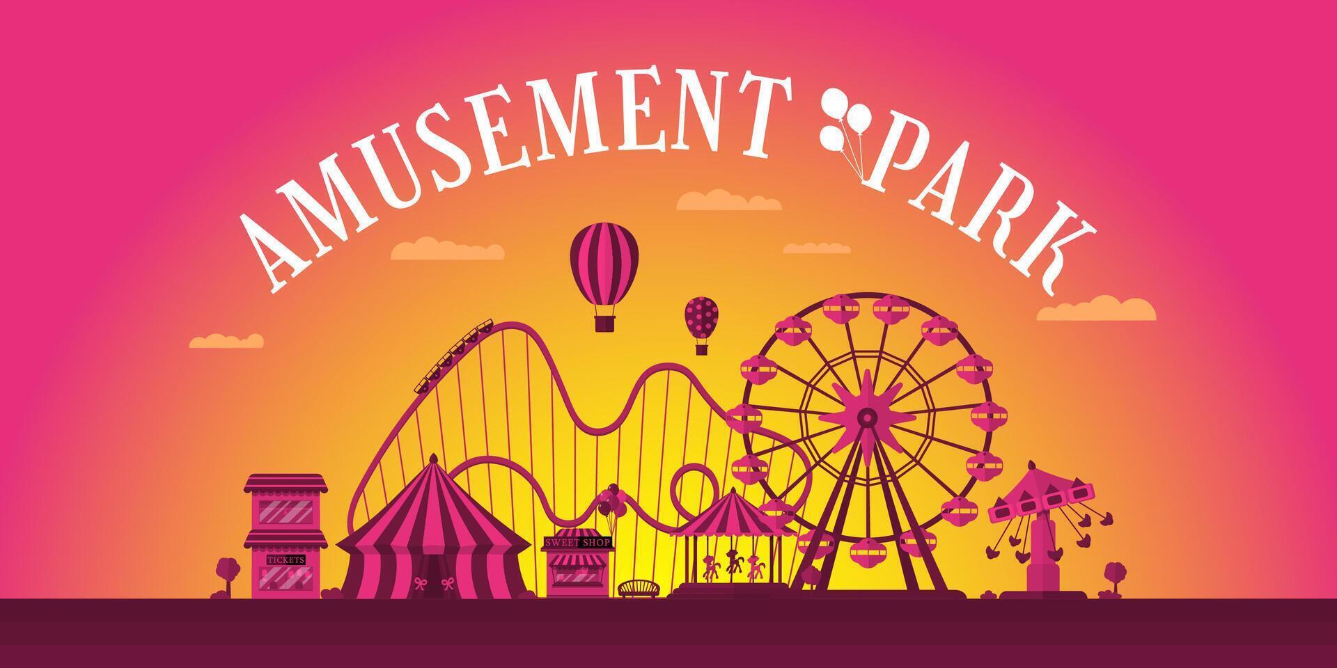 Amusement park horizontal banner design template. Circus carousels roller coaster and attractions. Fun fair and carnival theme landscape. Ferris wheel and merry-go-round festival advertising eps card vector