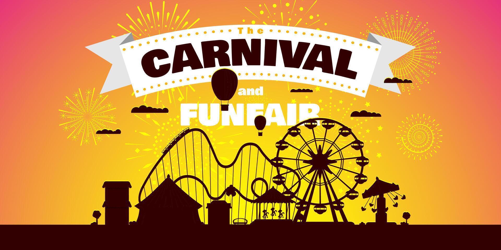 Carnival funfair with fireworks rays. Amusement park carousels, roller coaster and attractions on sunset. Fun fair and festive theme landscape. Ferris wheel and merry-go-round fest horizontal banner vector