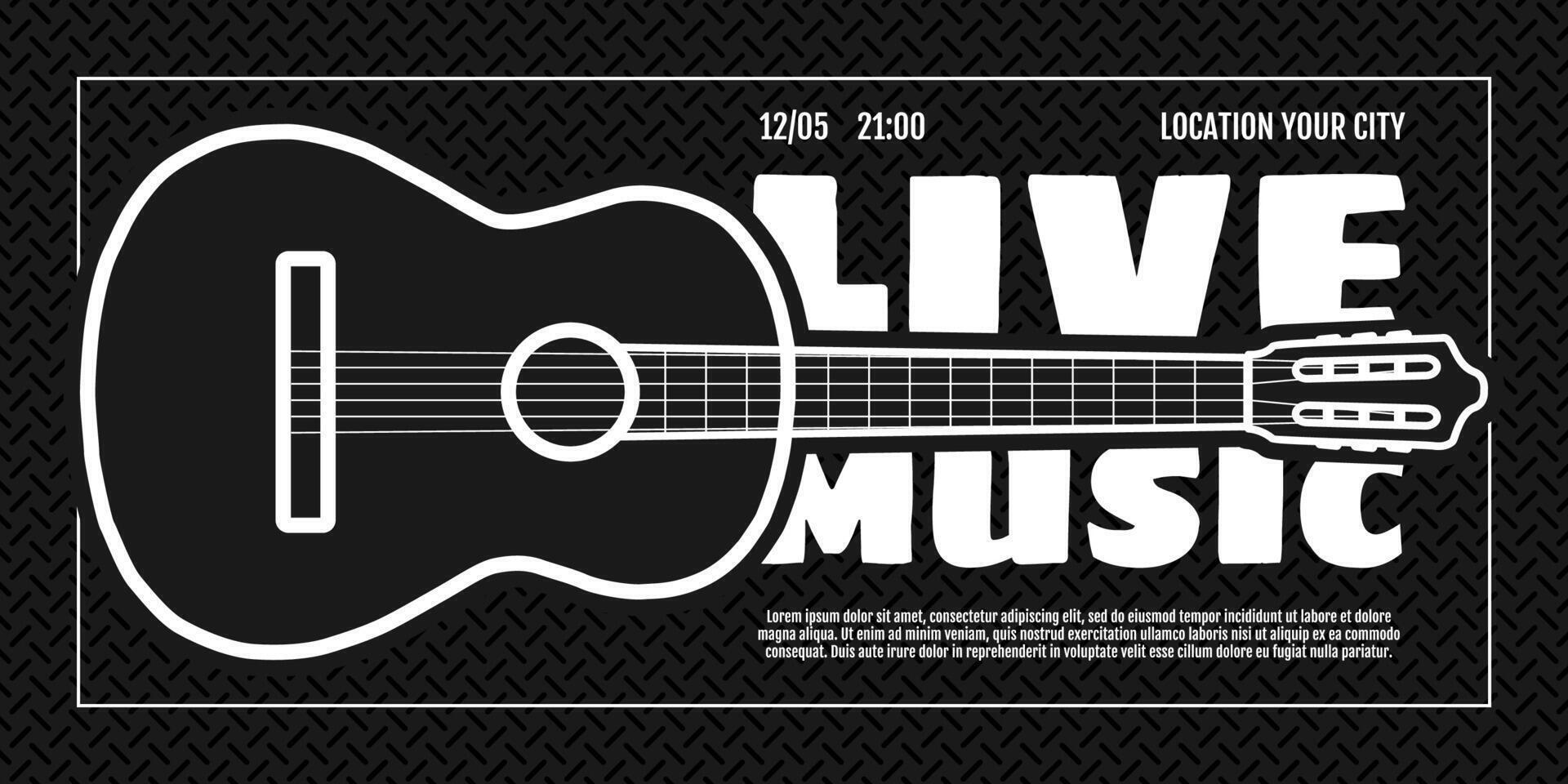 Music festival show horizontal banner. Invitation flyer design template. Acoustic classic guitar on black background. Live folk musical party concert poster. Country fest event print. Eps vector