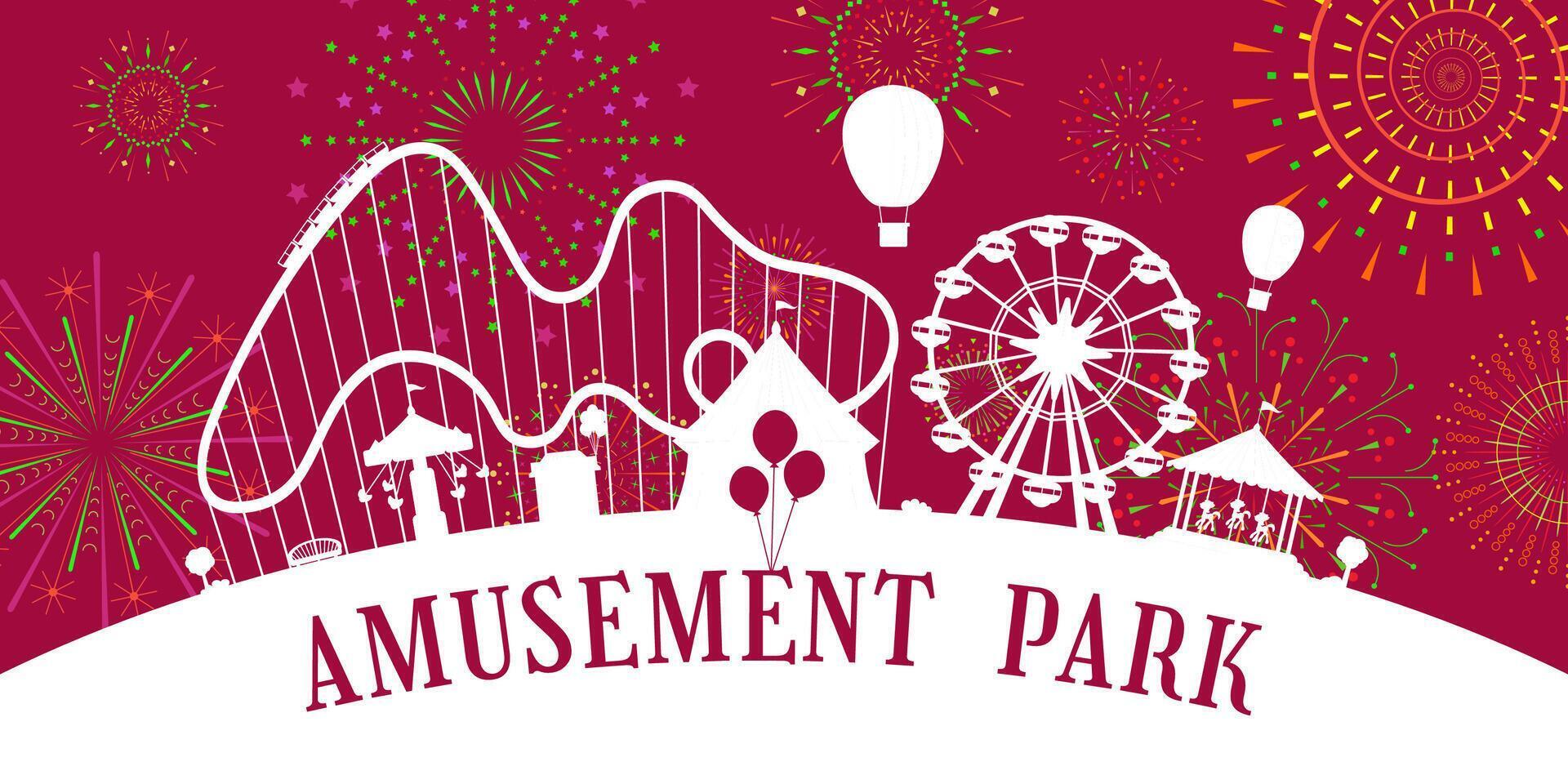Amusement park circus, carousels, roller coaster, attractions silhouette on fireworks sparkles rays background. Carnival funfair horizontal banner with firework on red sky. Fun fair festival eps card vector