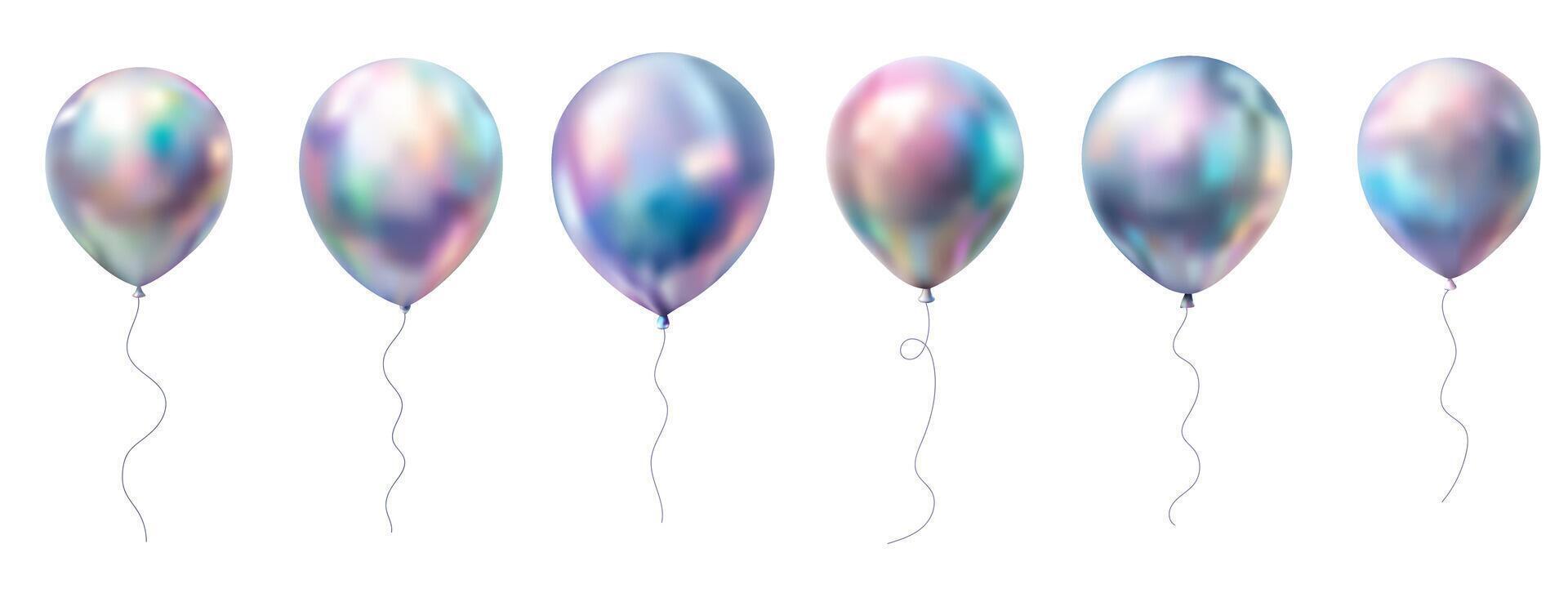 collection of three-dimensional inflated chrome-plated balloons with holographic glitter vector