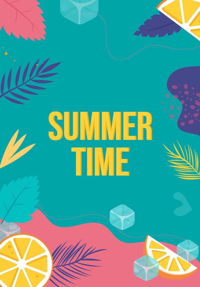 summer poster with leaves and citrus fruits, summer time flyer vector