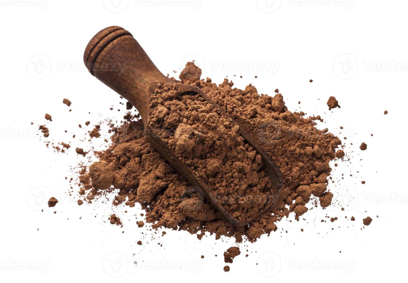Pile of cocoa powder isolated on white background, cinnamon powder in wooden scoop photo