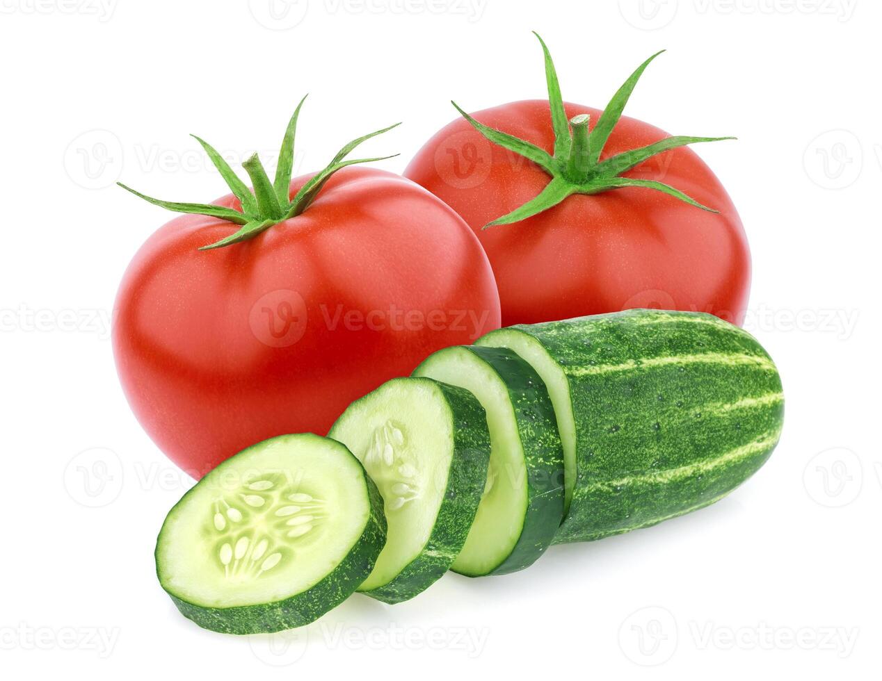 Fresh tomato and cucumber isolated on white photo