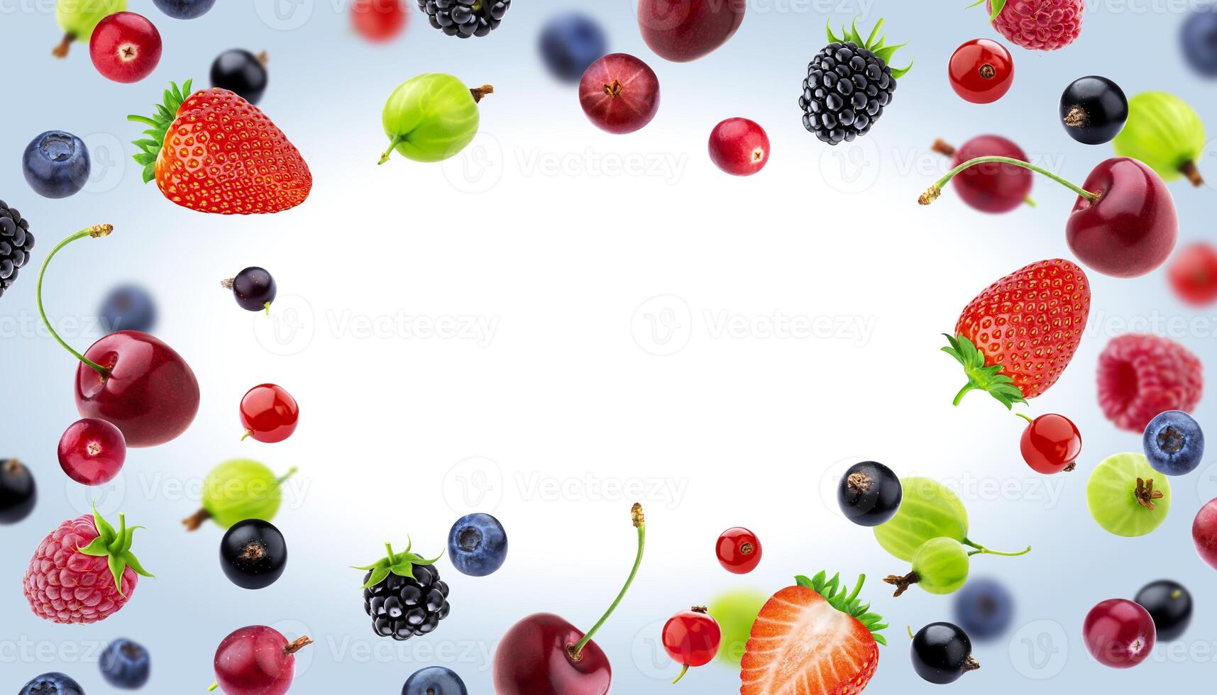 Frame made of different berries isolated on white background photo