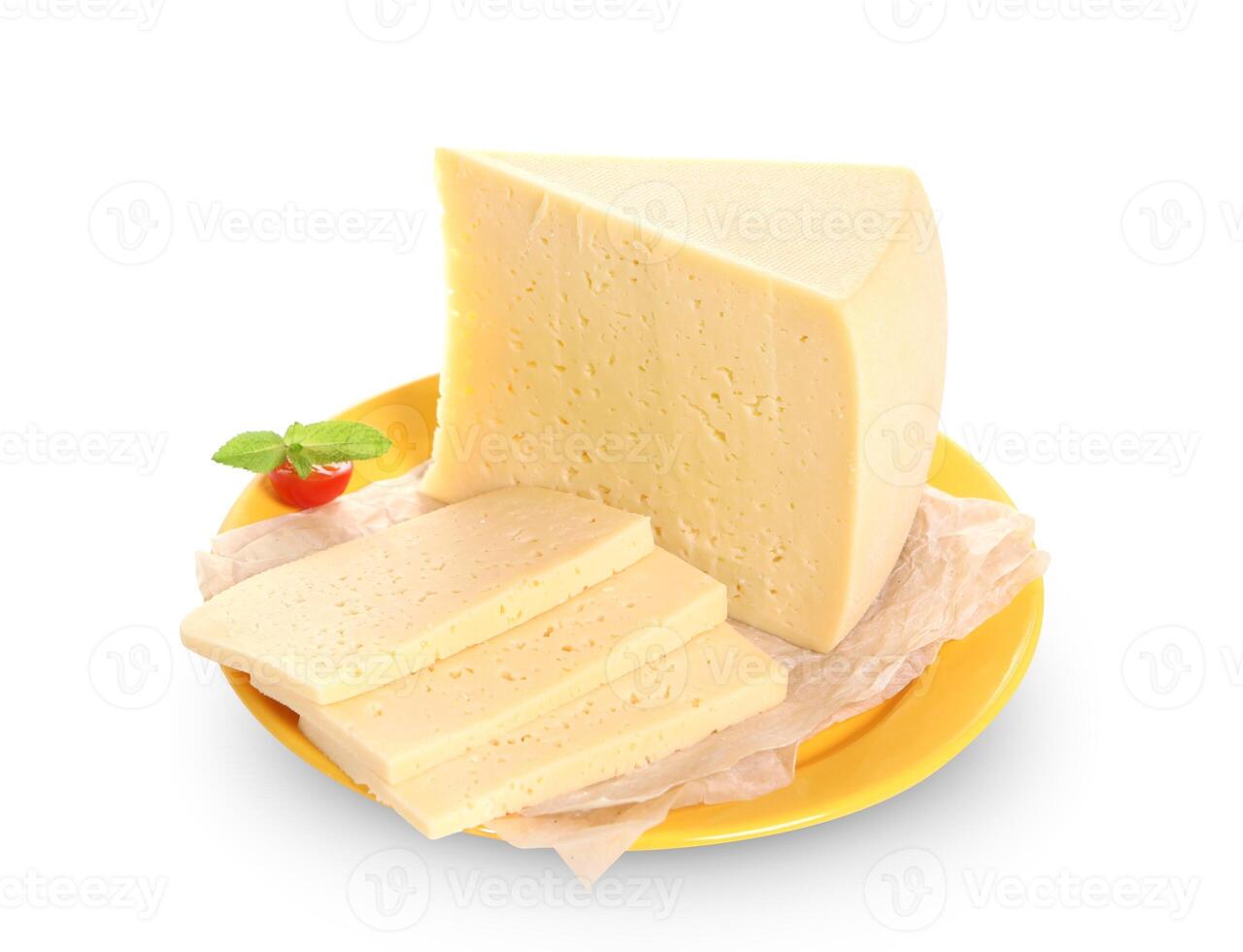 Cheese on yellow plate isolated white background photo