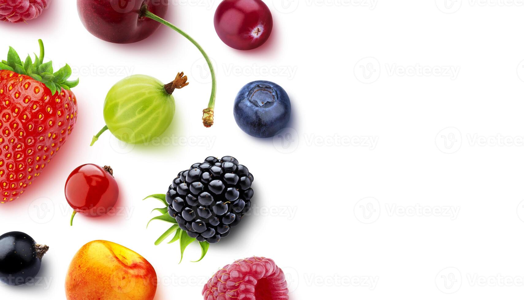 Assortment of different berries isolated on white background with copy space, top view photo