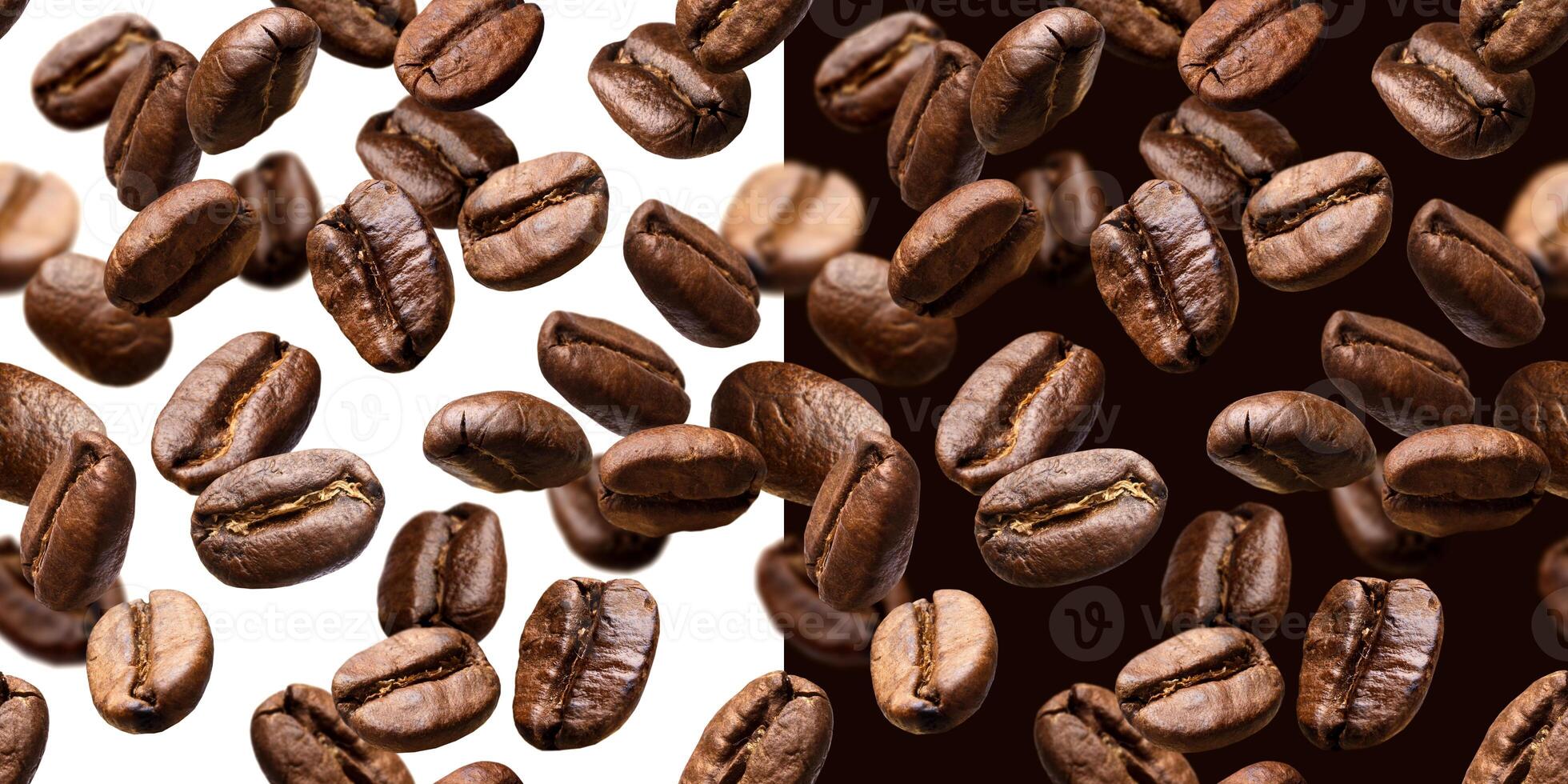 Coffee beans seamless pattern, isolated on white and black background photo