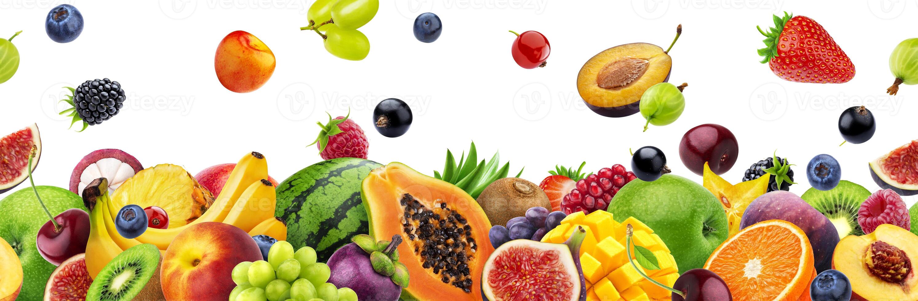 Different fruits on white background with copy space photo