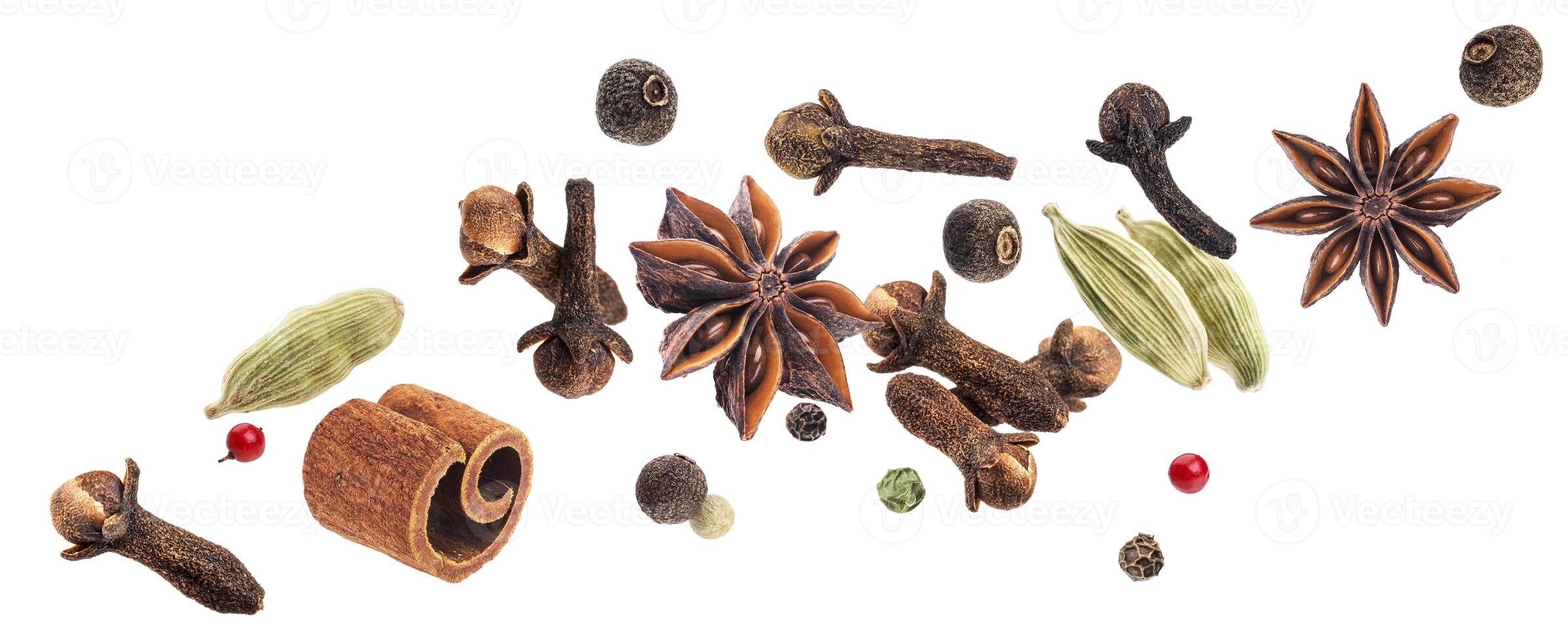 Aromatic spices collection, igredients for mulled wine isolated on white background photo