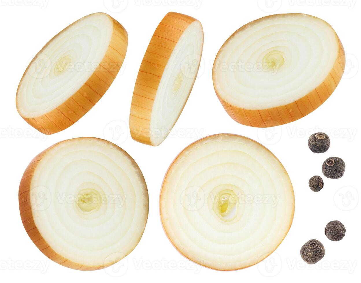 Onion slices and black pepper isolated on white background photo