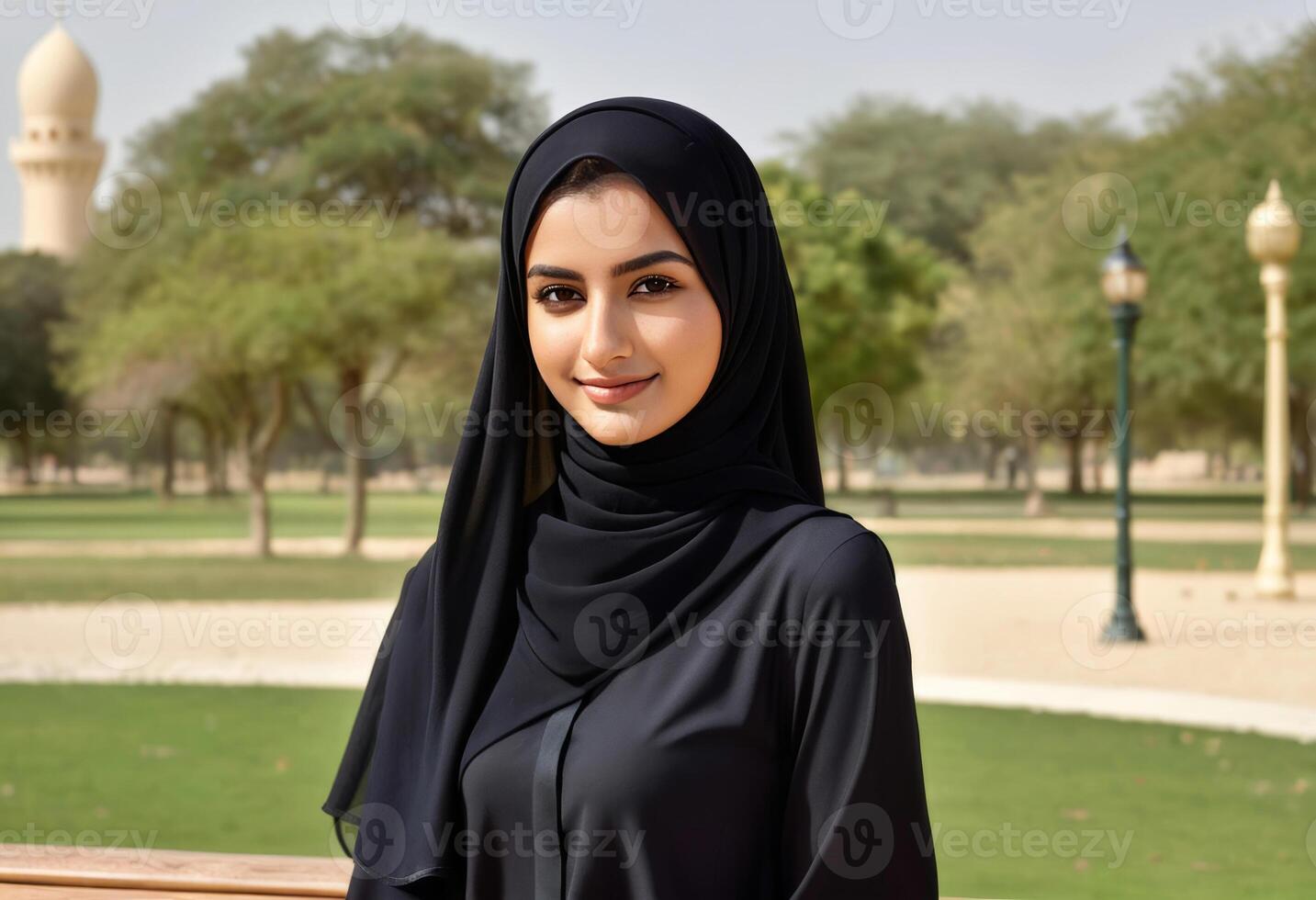 Confident Middle Eastern woman wearing hijab in a serene park, ideal for cultural diversity, women empowerment, and religious holidays like Ramadan photo