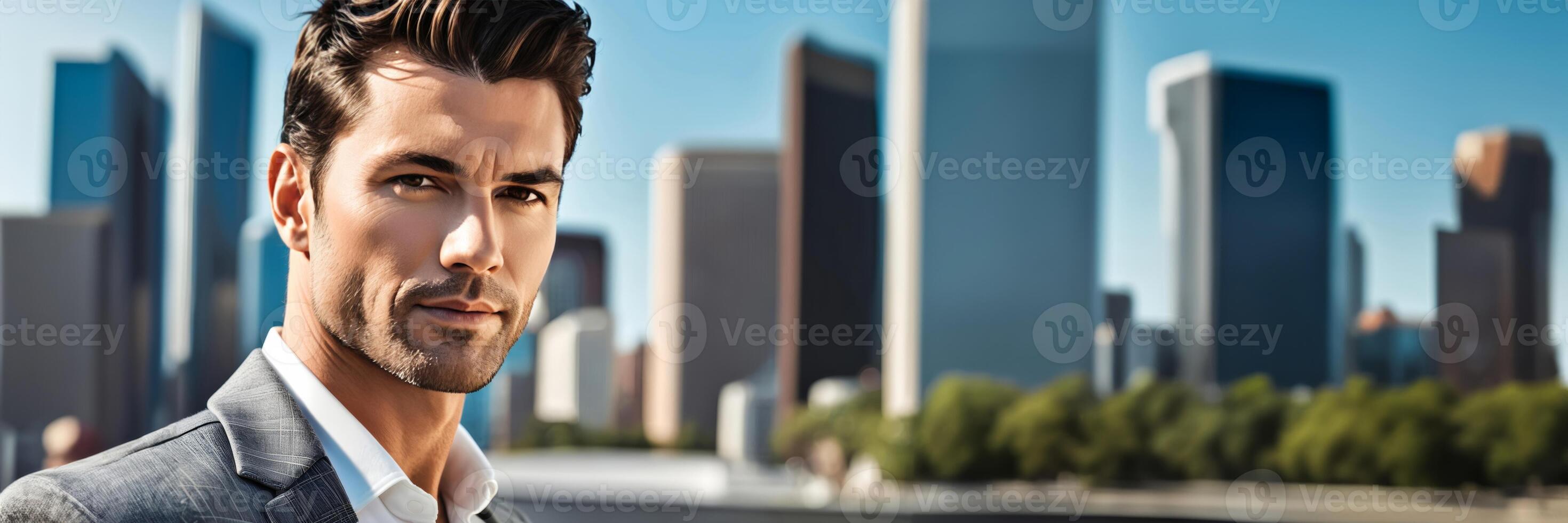 Confident young Caucasian businessman in a grey suit posing with a modern cityscape backdrop, ideal for corporate and success themes photo