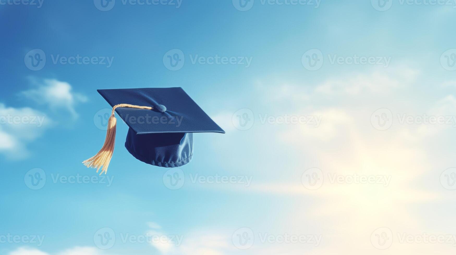 graduation cap flying in the air against a clear blue sky concept of achievement and freedom photo