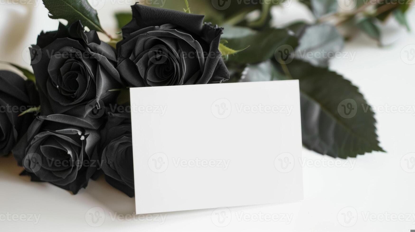 mockup of a white card beside black rose bouquet, soft pastel tones photo