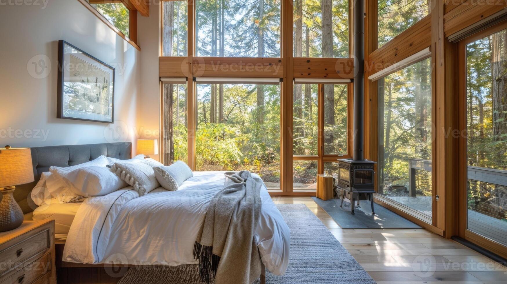 The serene master bedroom featuring a woodburning stove nestled between two large windows overlooking the surrounding forest. 2d flat cartoon photo