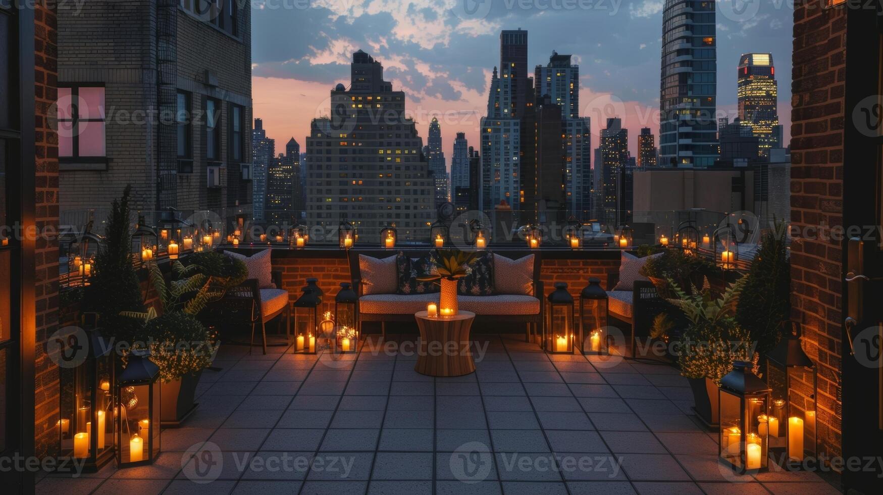 The expansive rooftop offers breathtaking views of the city enhanced by the intimate glow of candles tered throughout the space. 2d flat cartoon photo