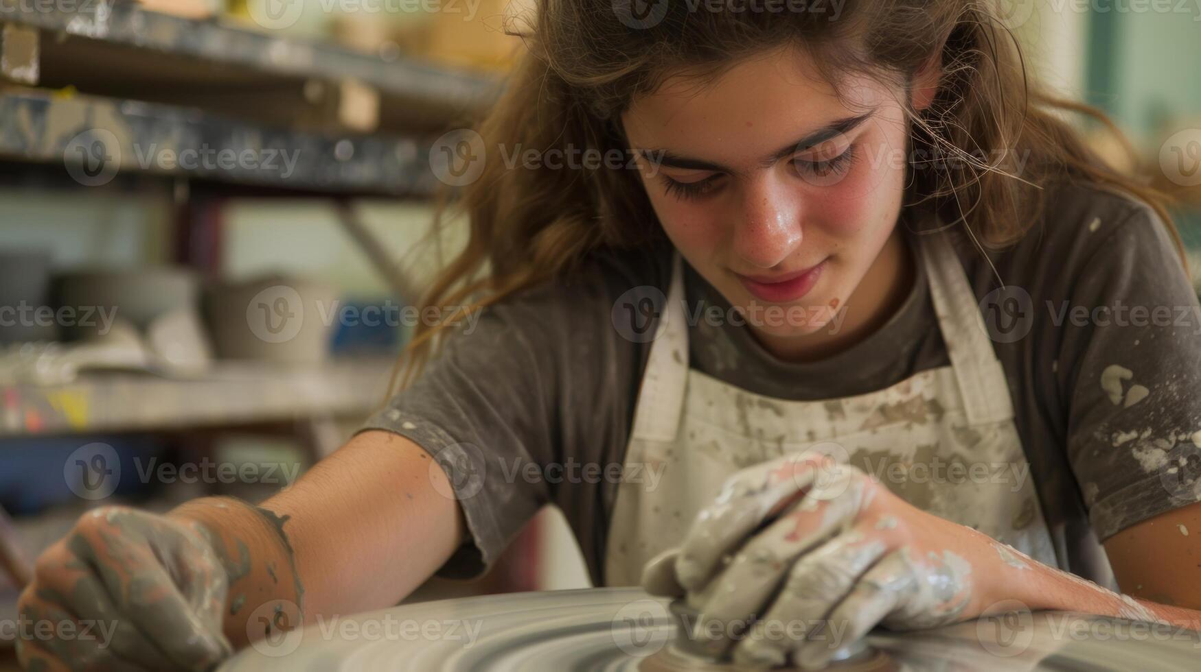 A student intently focusing on centering the clay on the wheel with determination in their eyes. photo