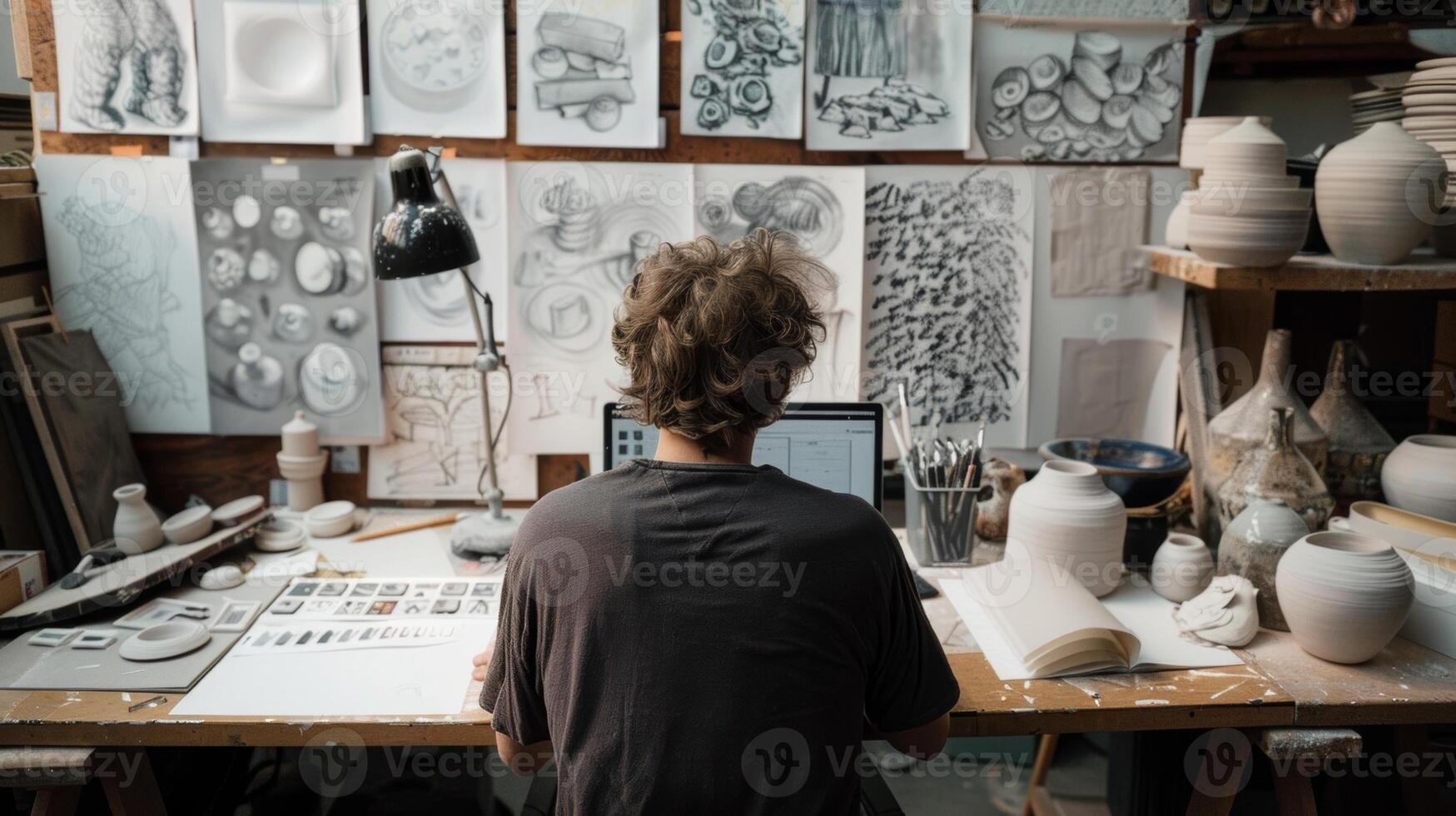 A potter sitting at a desk surrounded by sketches and drawings of potential pottery designs while using a laptop to input them into the design software. photo