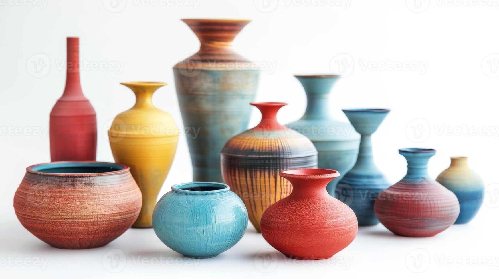 A colorful display of different shaped and sized clay pots vases and bowls on a white background. photo
