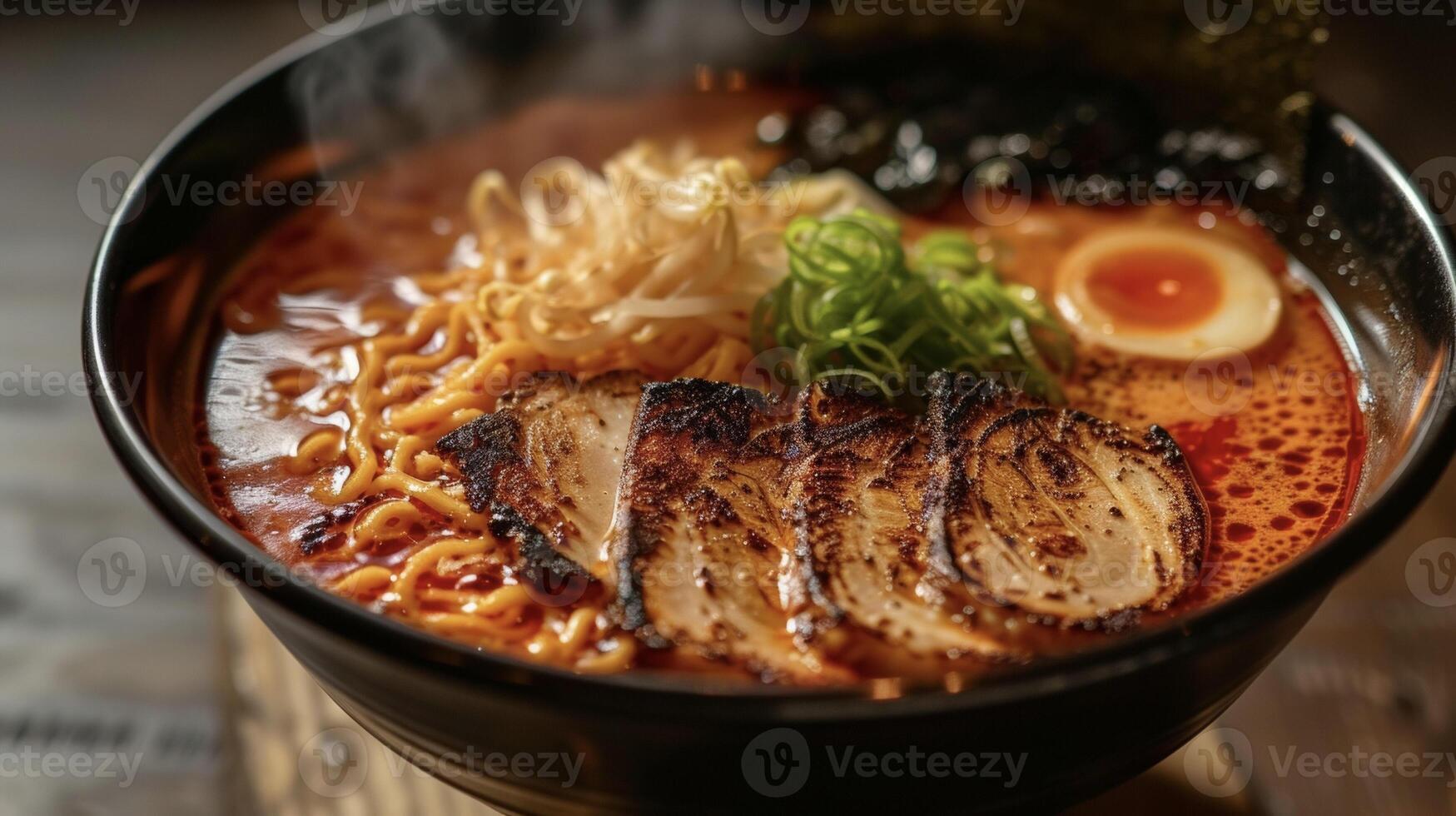 In this bowl of flaming y ramen the broth is an impressive shade of red teeming with fiery es that promise a thrilling journey for the taste buds. The noodles soak up al photo