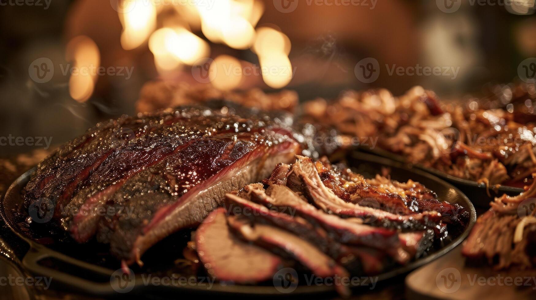 A platter of smoky BBQ delights succulent pulled pork meltinyourmouth brisket and falloffthebone ribs all kissed with a hint of hickory smoke. In the background a glowin photo