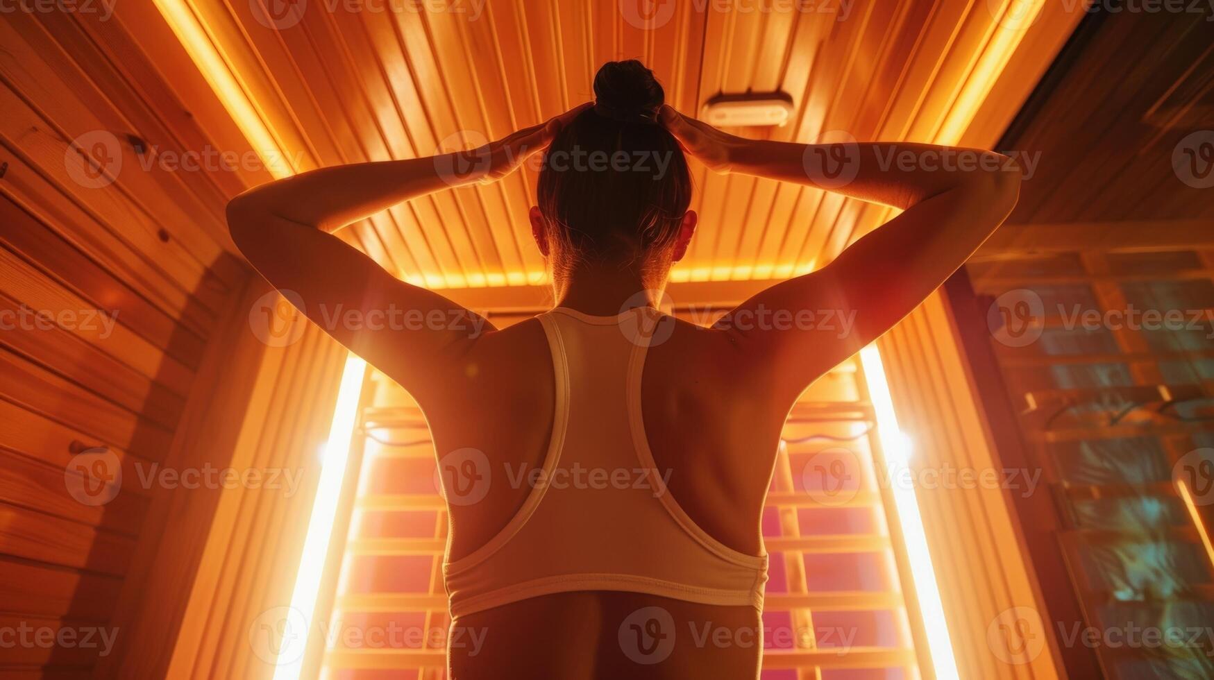 A woman stretching her arms overhead inside an infrared sauna feeling the tension melt away as the heat trates her body. photo