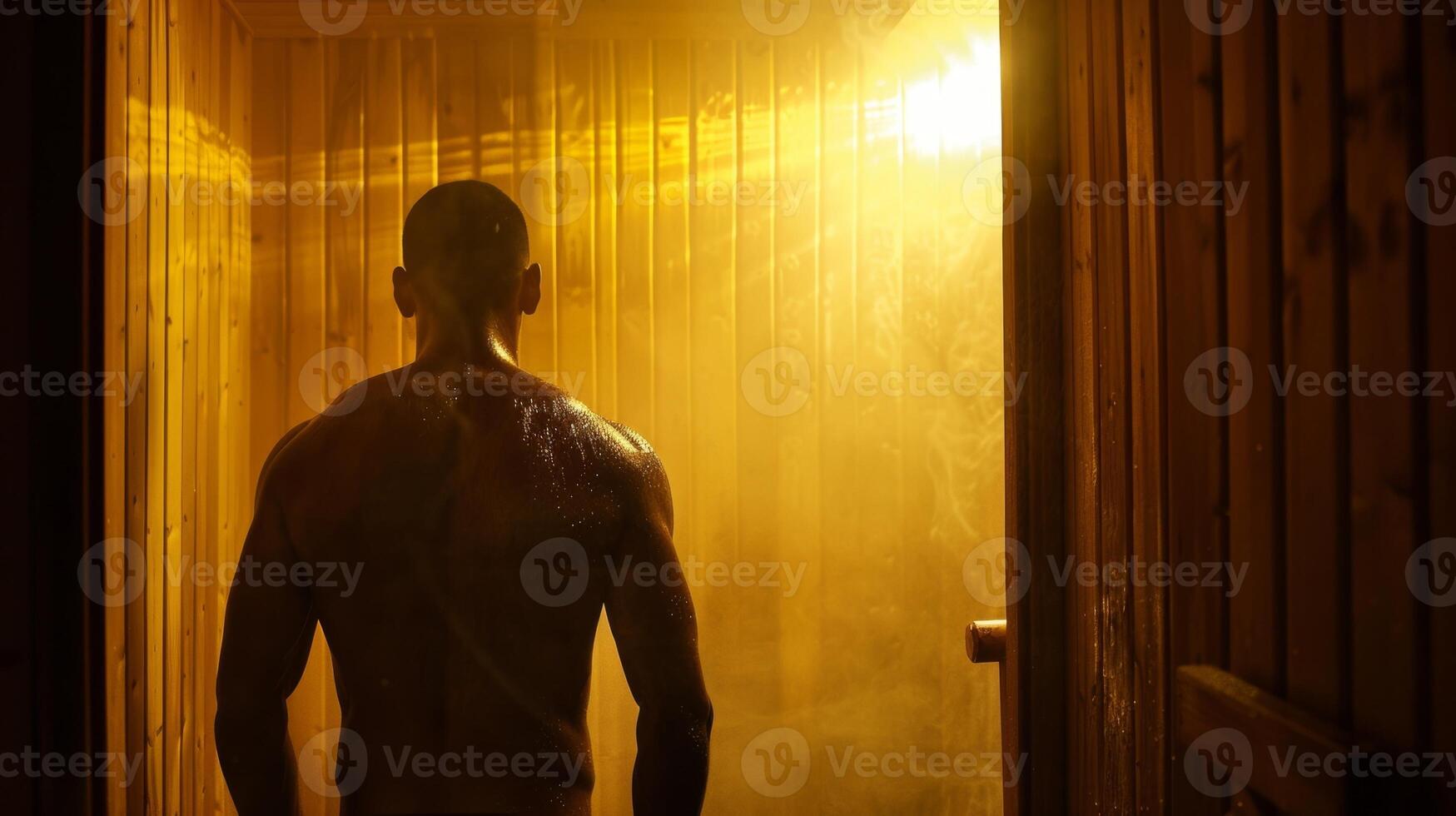 A person stepping out of the sauna their skin glistening with sweat and toxins being eliminated from their body. photo