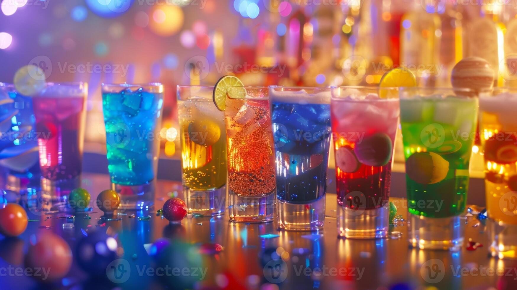 un Mocktail bar es conjunto arriba con diferente de colores bebidas representando varios planetas y celestial cuerpos foto