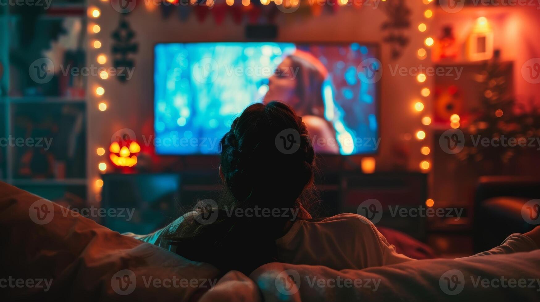 A Halloween movie marathon playing on a large screen providing the perfect entertainment for guests to enjoy while sipping on mocktails photo