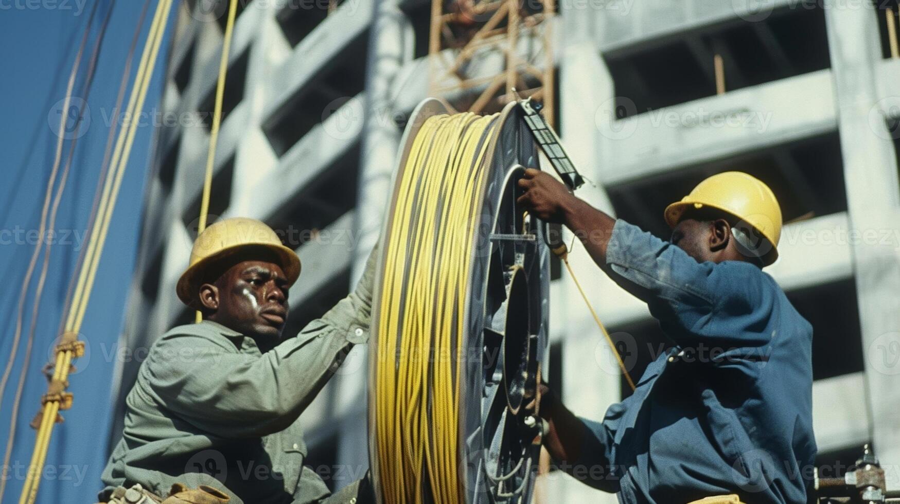 A team of electricians unrolling a large spool of wire as they prepare to feed it into the walls of a multistory building photo