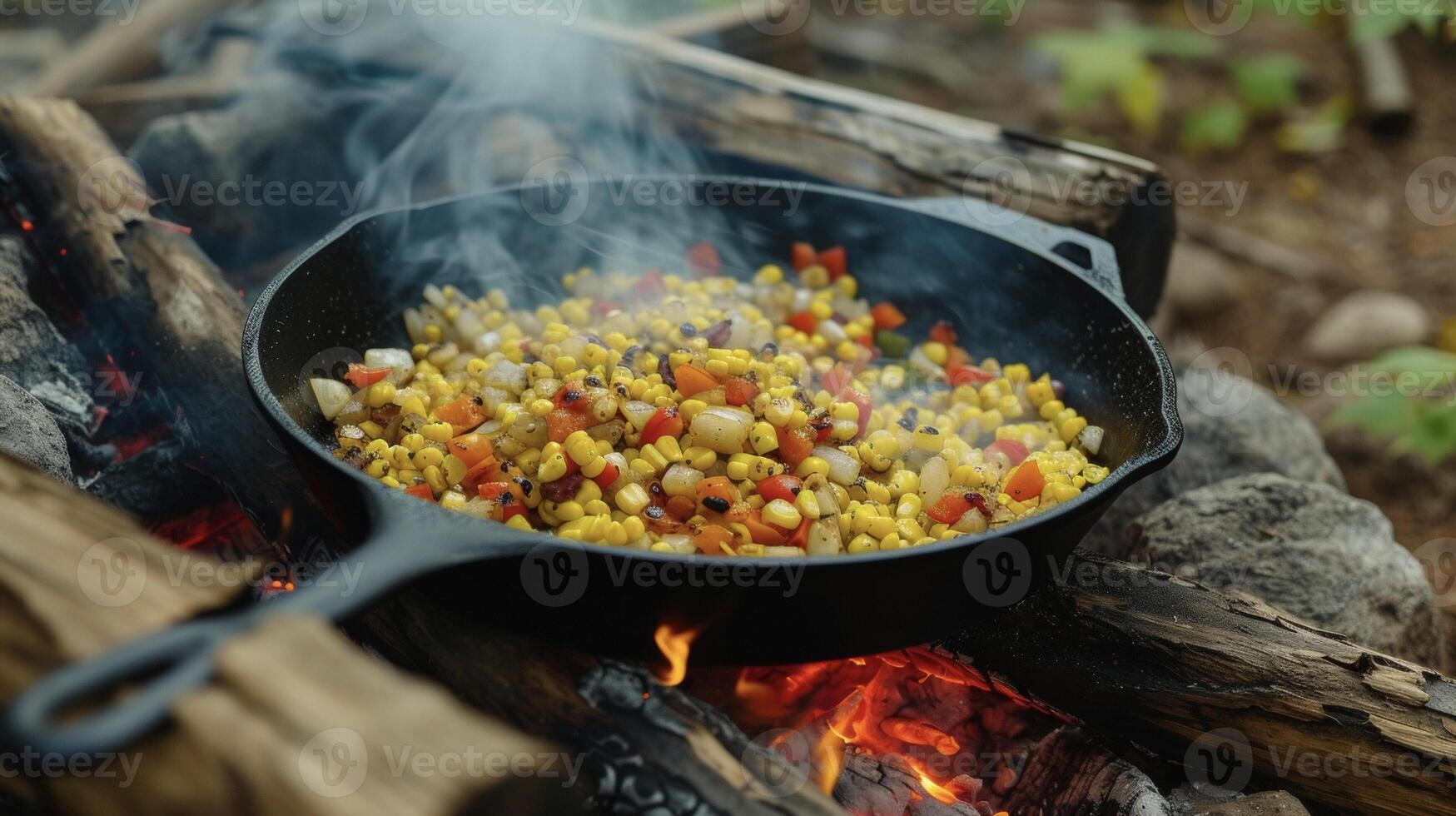 Surrounded by the serene wilderness a camp chef expertly tends to a cast iron skillet filled with a steaming medley of fresh corn onions and peppers adding a touch of e fo photo