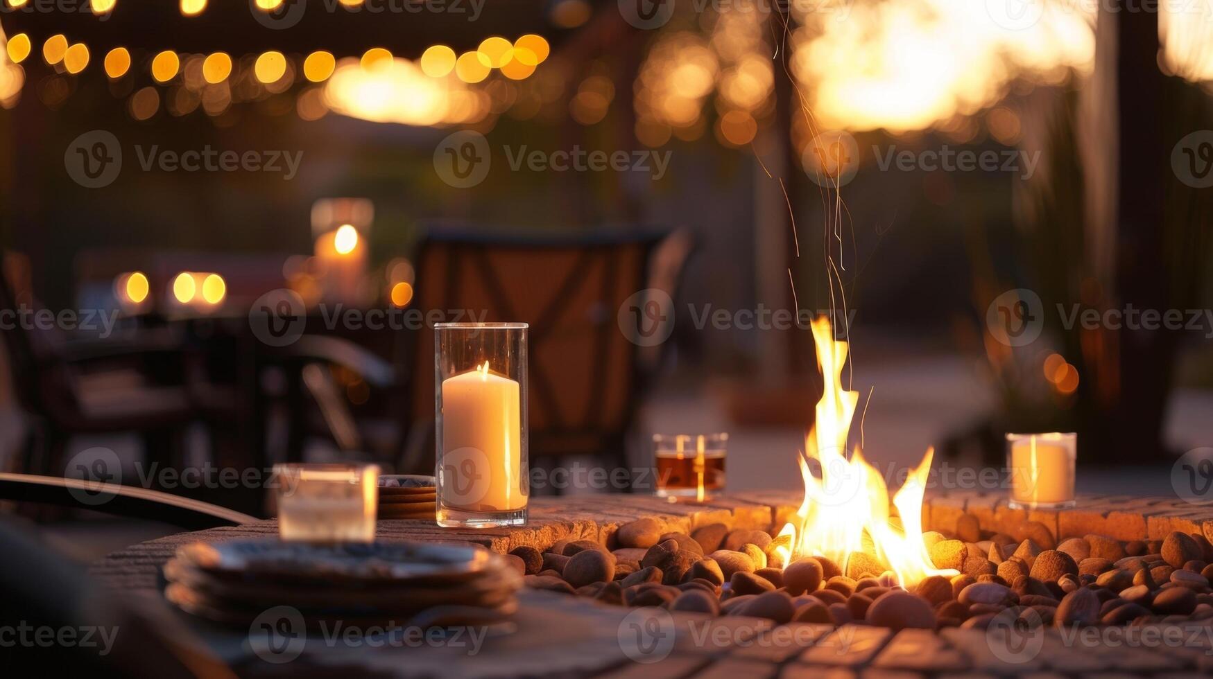 As the sun sets the roaring fire pit creates a cozy atmosphere for a candlelit dinner outside. 2d flat cartoon photo