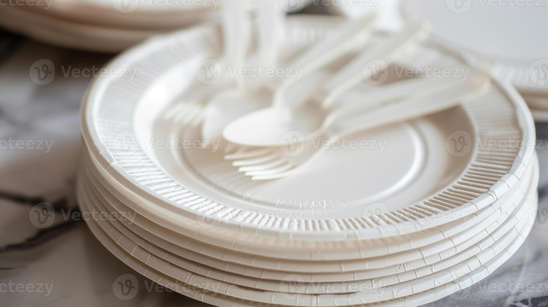 A stack of paper plates and plastic utensils ready to be used for the picnic photo