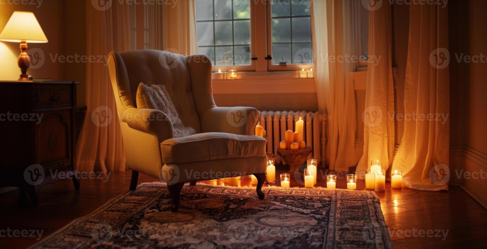 In the corner of the room a solitary armchair is surrounded by flickering candles offering a peaceful and serene spot for reading. 2d flat cartoon photo