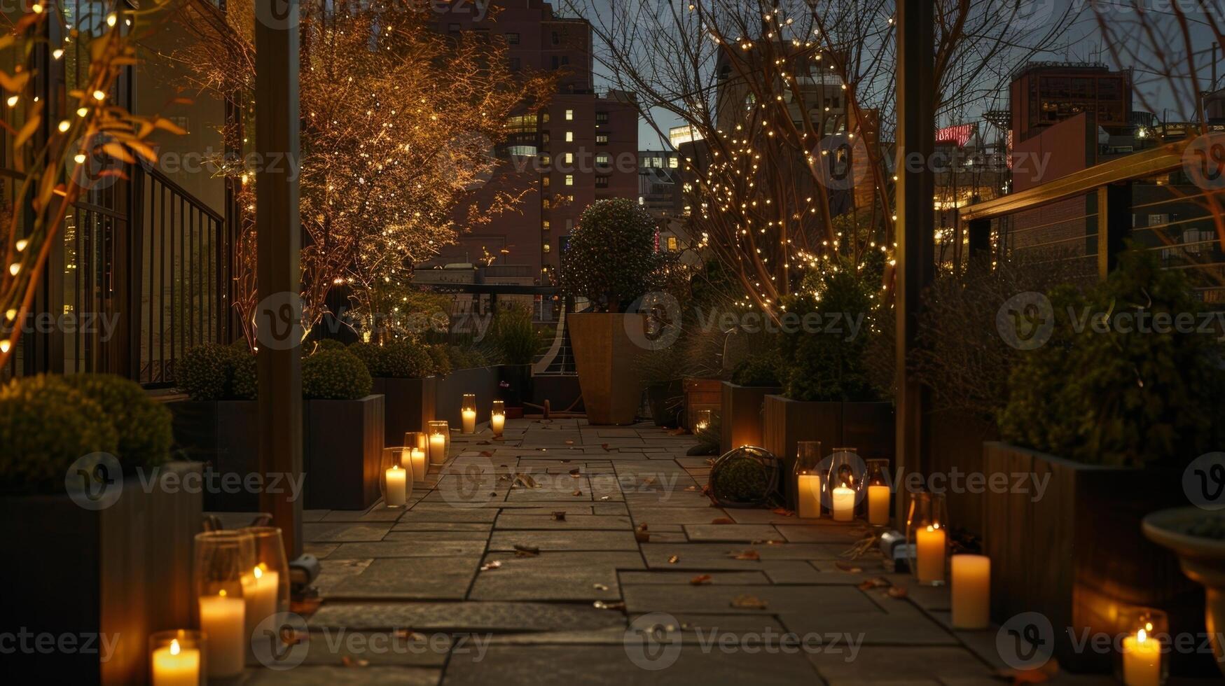 In the candlelight the city noise fades away leaving only the sound of nature and the tranquil atmosphere of the rooftop garden. 2d flat cartoon photo