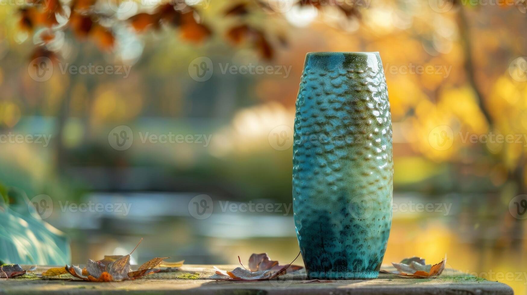 A tall narrow vase in shades of blue and green showcasing the natural texture of the ceramic. photo