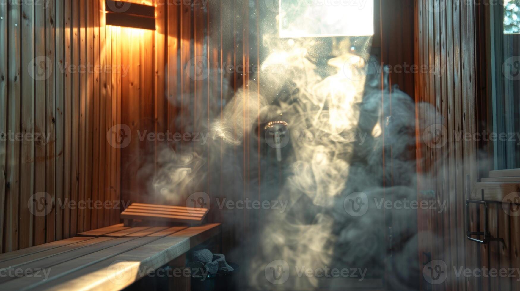 The sauna door slightly ajar with rays of sunlight streaming in and highlighting the steam. photo