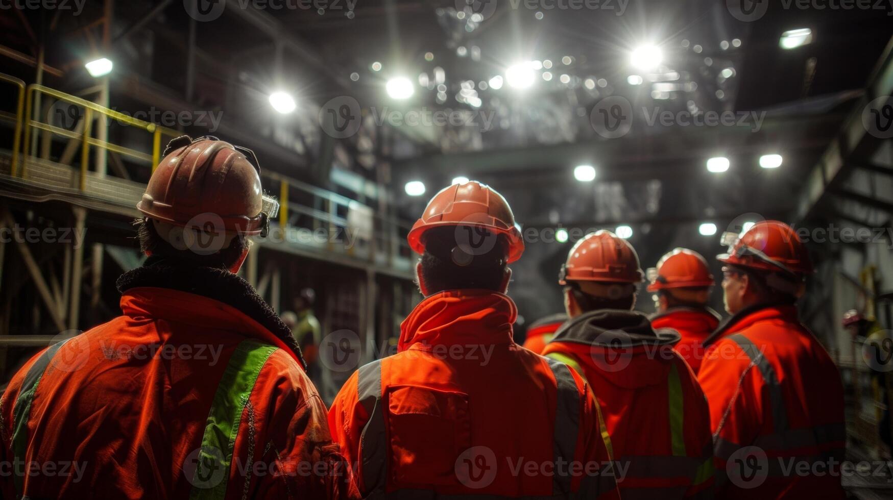 The night shift team bundled up in reflective gear and hard hats gathered under the bright glare of the floodlights as they prepare to start their shift photo