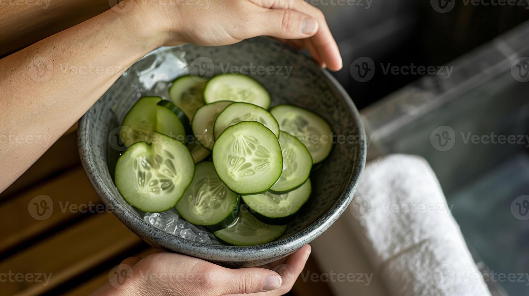 A hand reaches out to grab a fresh cucumber slice from a bowl next to a sauna ready to place it on their face for a refreshing natural exfoliation treatment. photo