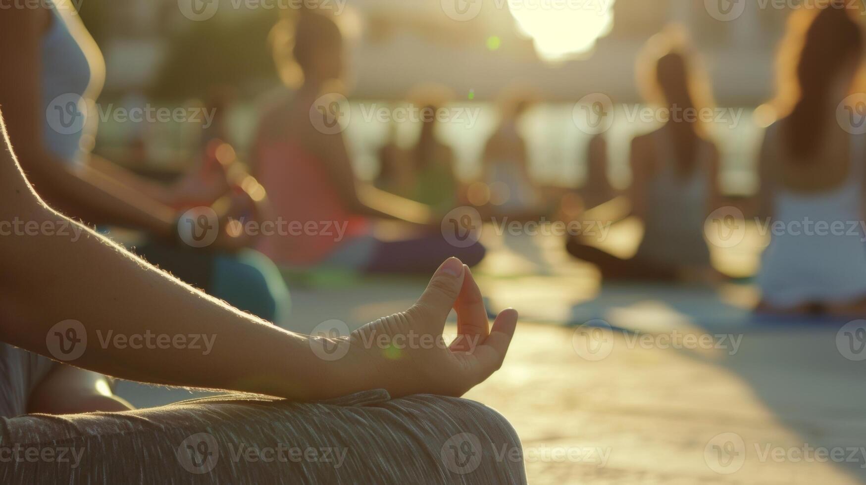 el amable sonido de distante ciudad tráfico armoniza con el calma respiración de el yoga practicantes. 2d plano dibujos animados foto