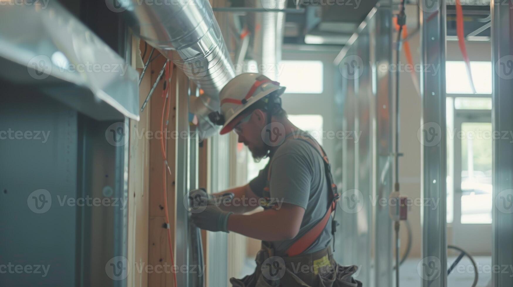 Inside the building a team of technicians work together to install ductwork for the HVAC system photo